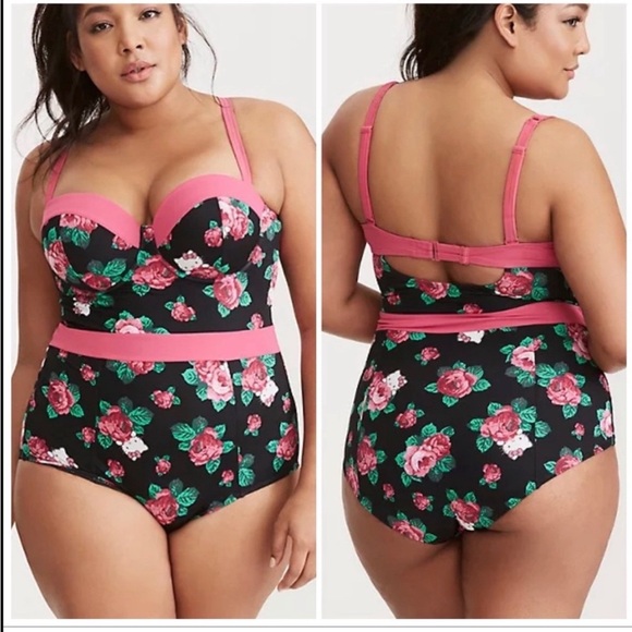 Torrid x Hello Kitty Black and Pink Floral Underwire Strapless One Piece Suit. 1 - Picture 10 of 14